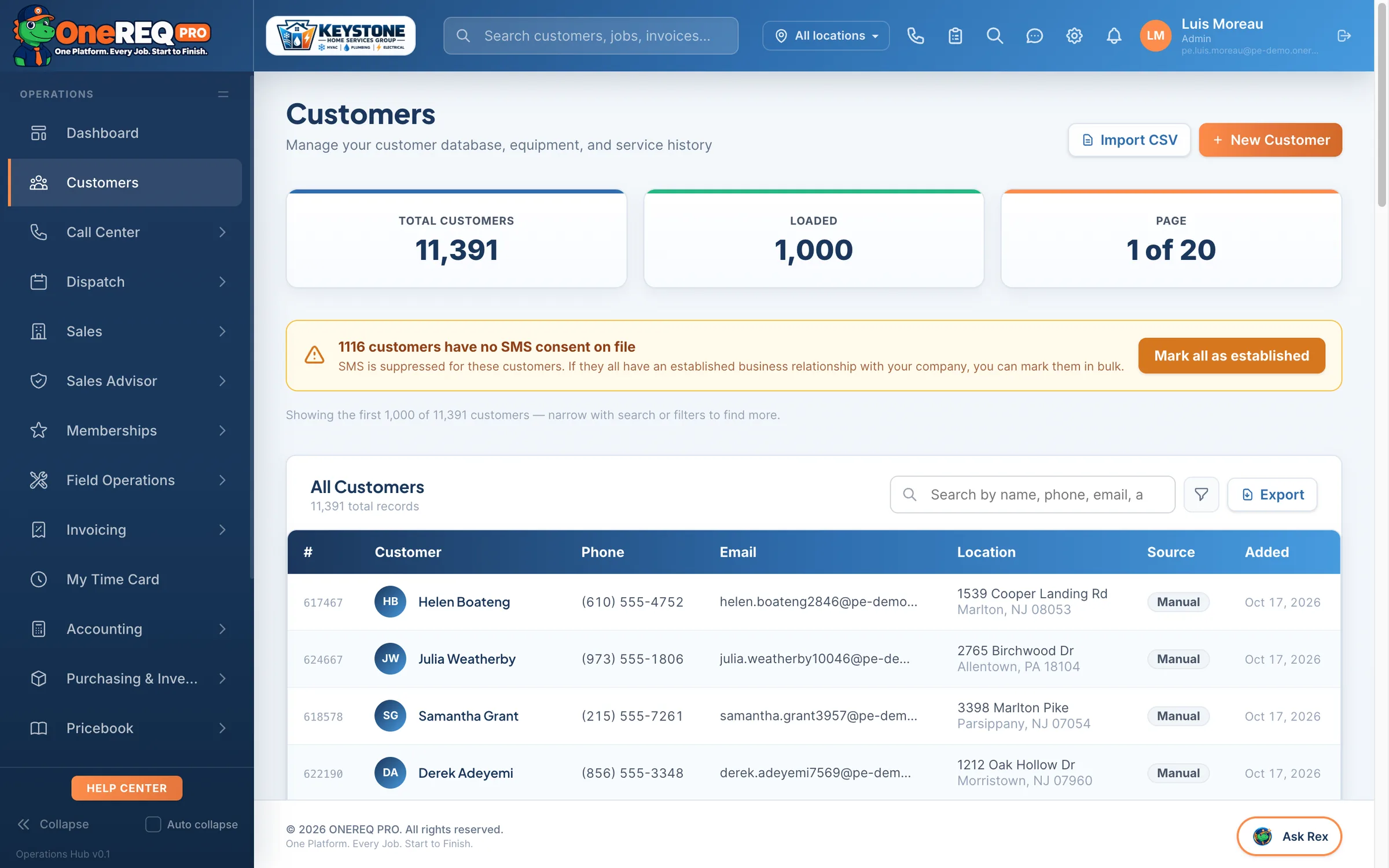 Customer database in ONEREQ PRO