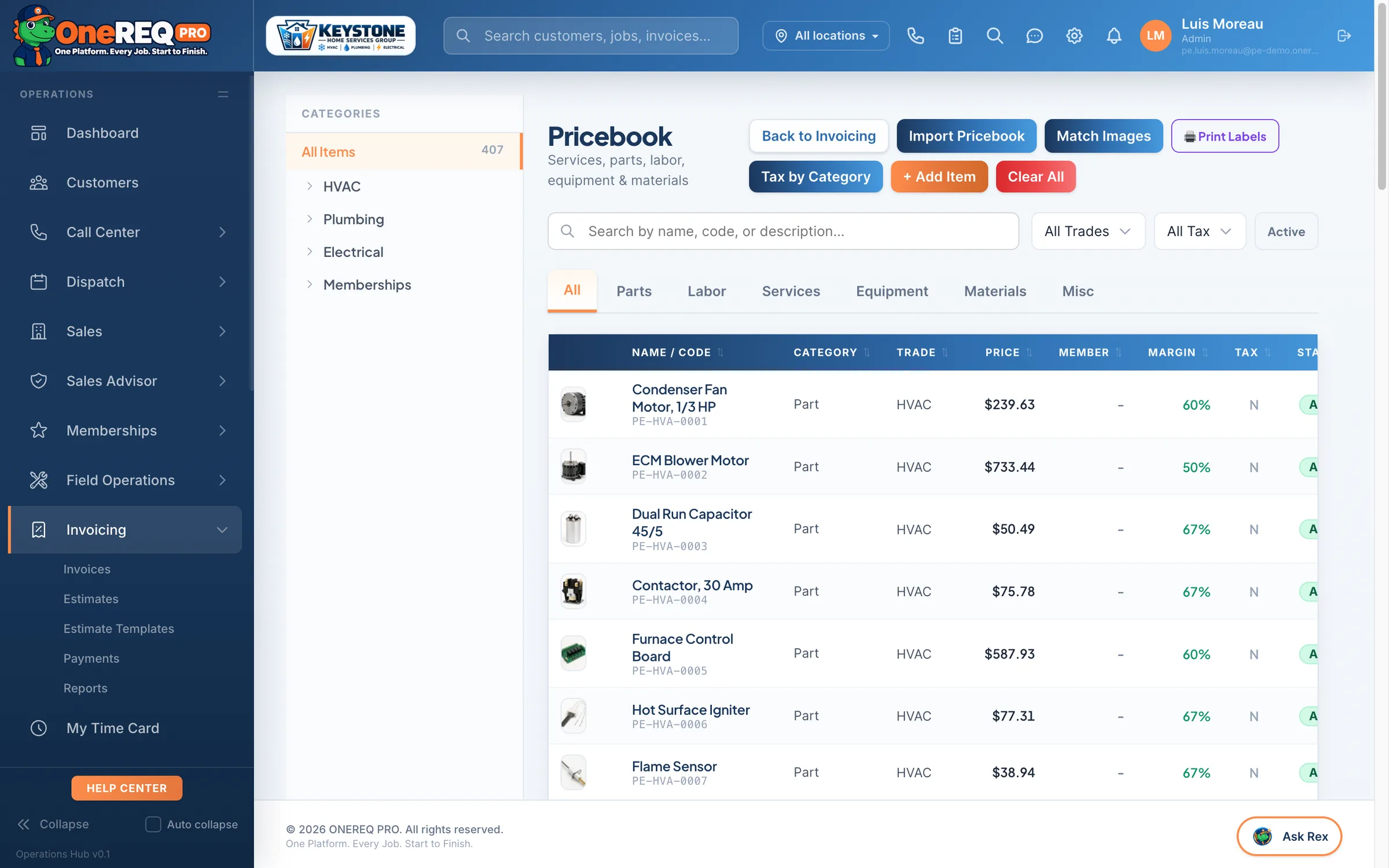 Pricebook imported into ONEREQ PRO