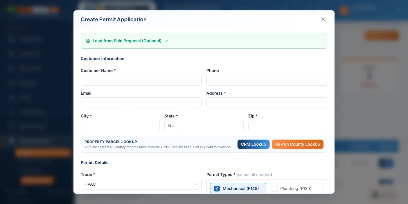 New-permit modal with parcel auto-fill