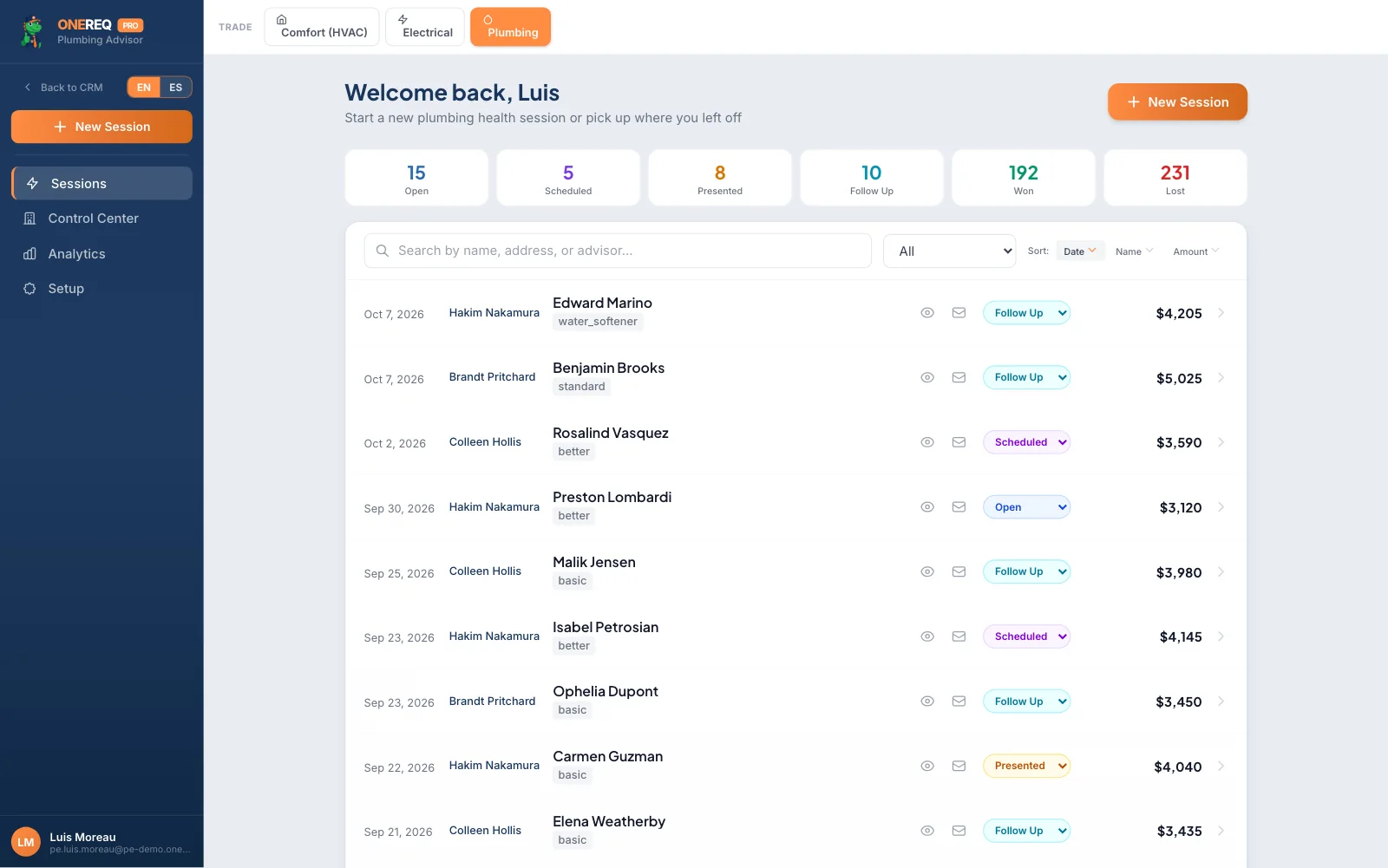 Plumbing Advisor — sessions dashboard
