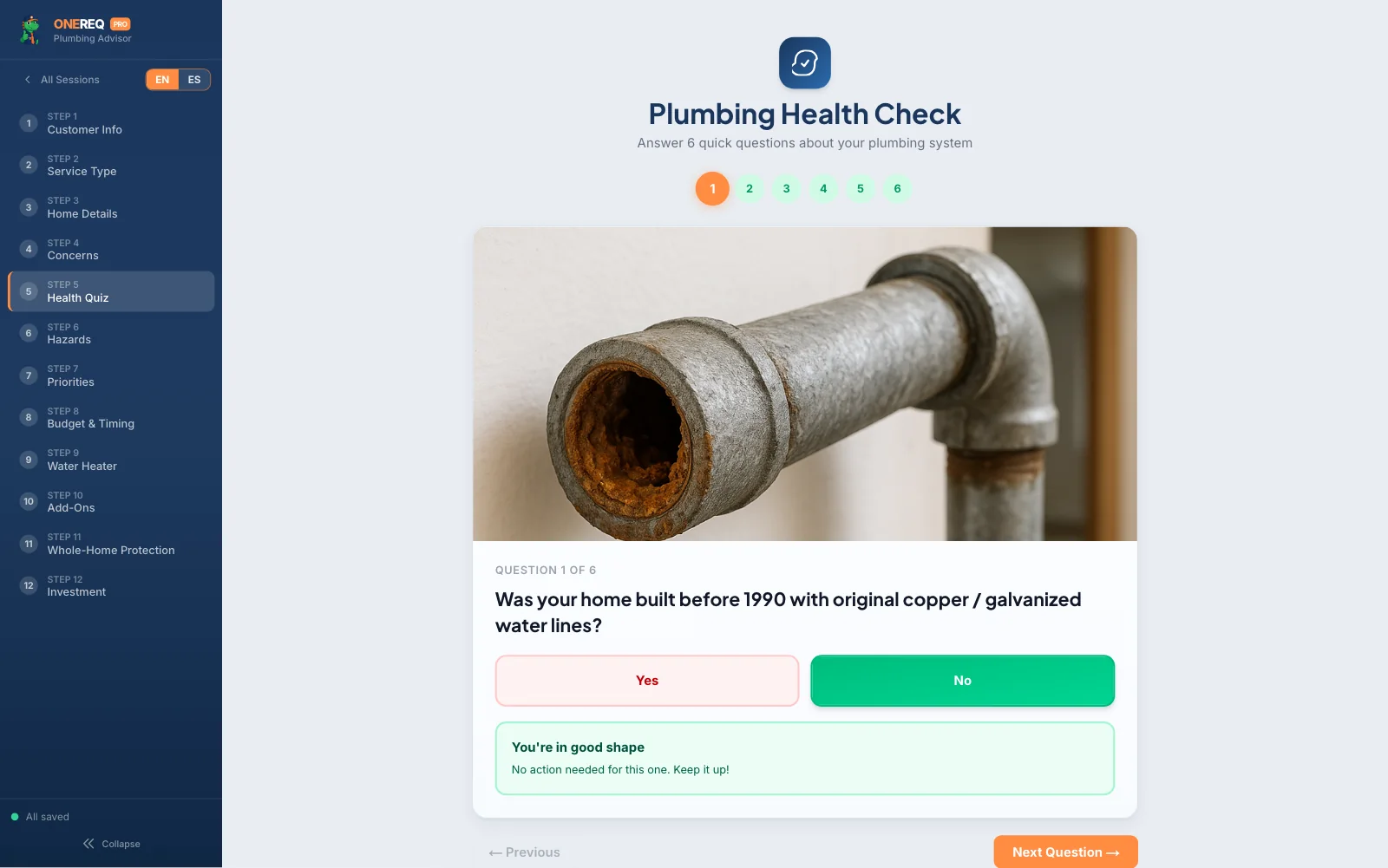 Plumbing Advisor — running session