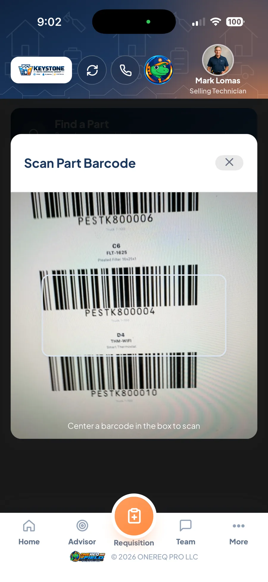Scanning a printed part barcode with the phone camera in the ONEREQ PRO Field app