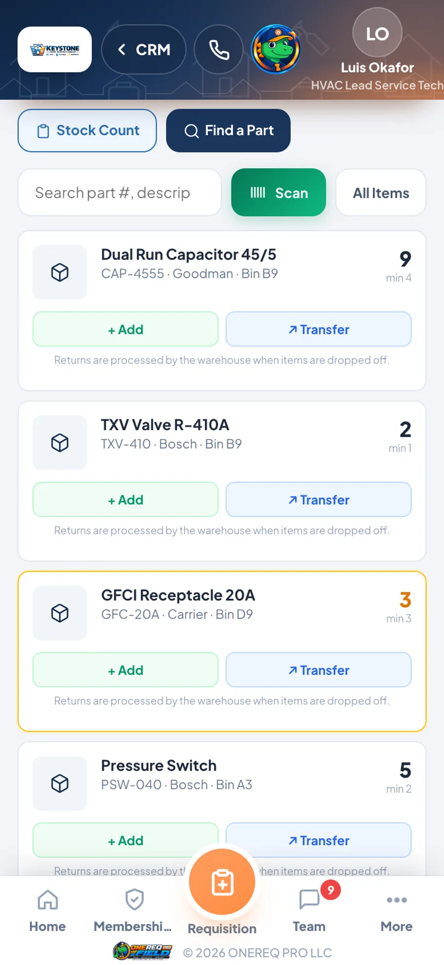 A technician's truck inventory in the ONEREQ PRO Field app