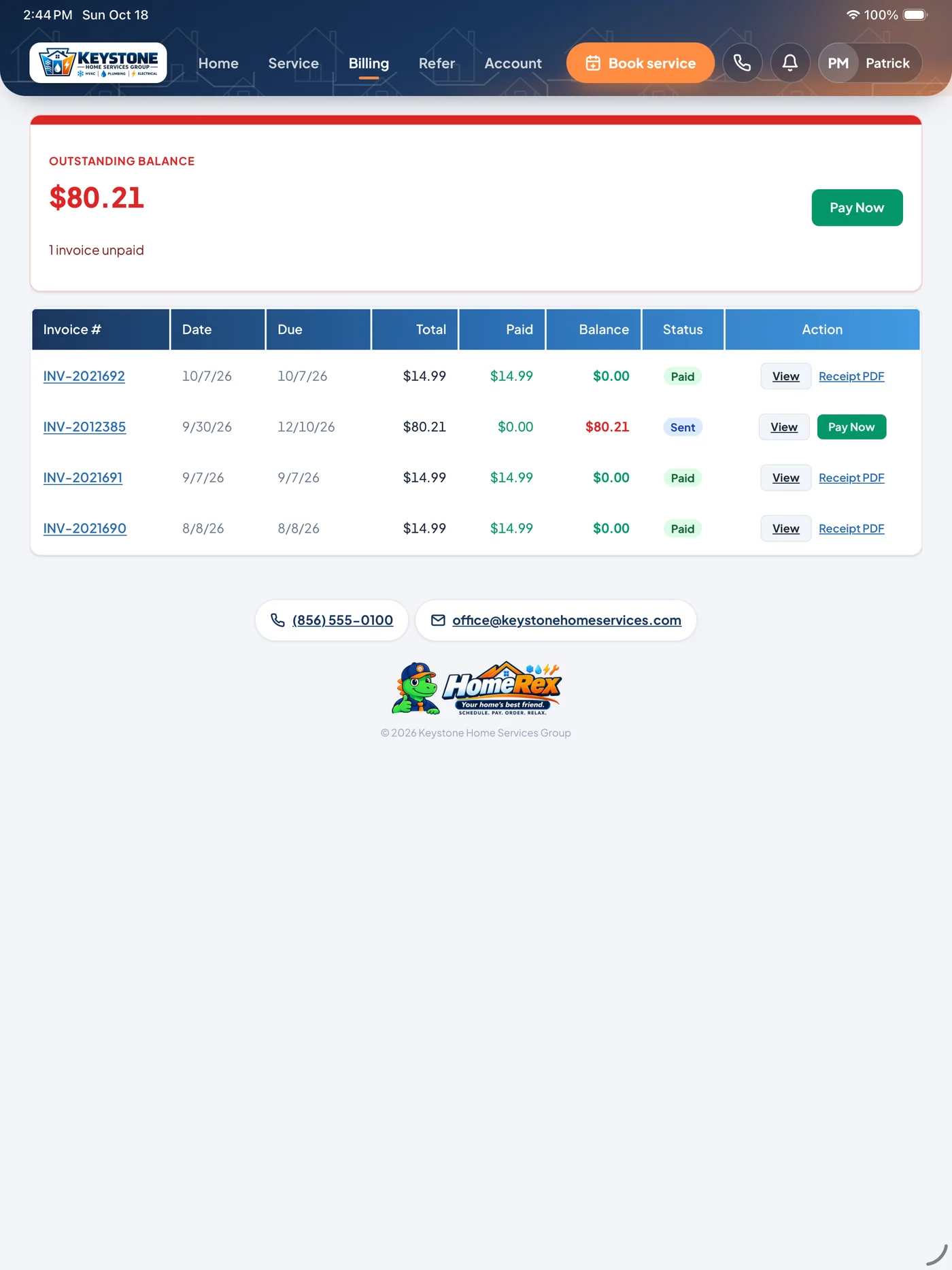 HomeRex billing screen: outstanding balance, invoice list and Pay Now