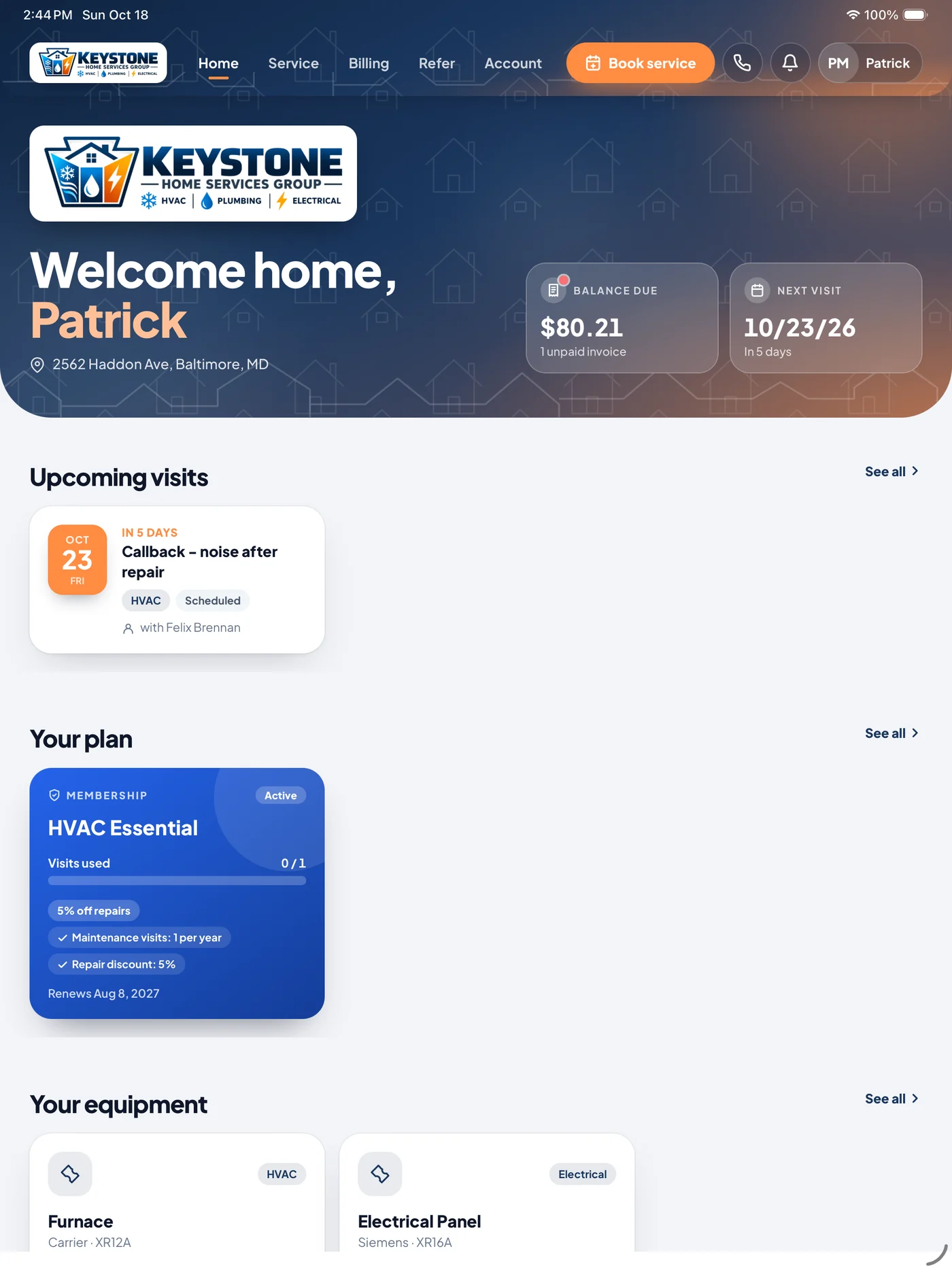 HomeRex home screen: balance due, next visit and upcoming visits