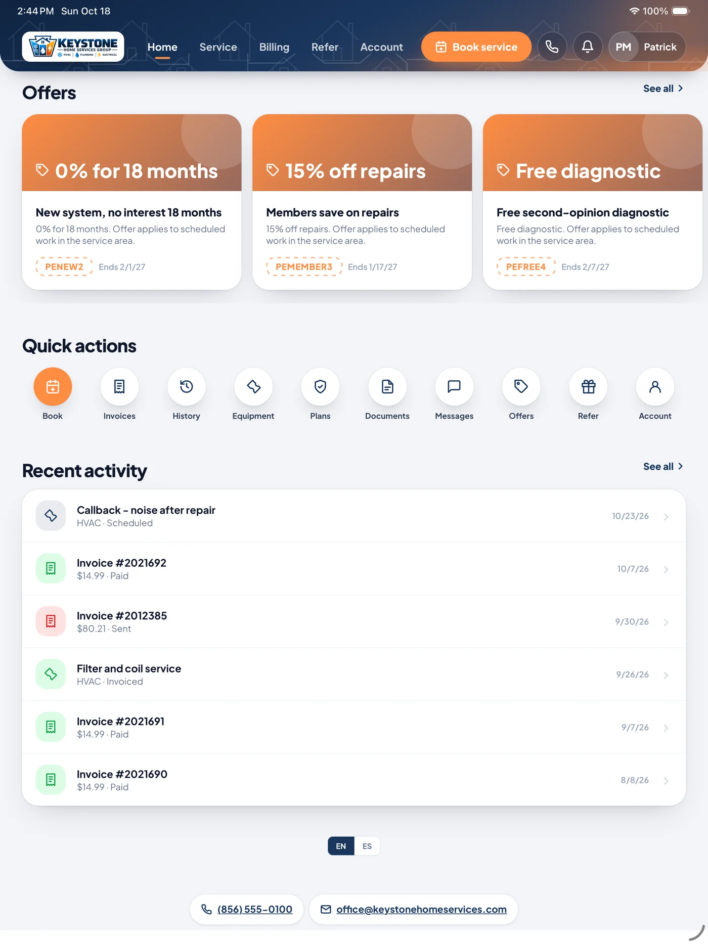 HomeRex offers screen listing the contractor’s live promotions