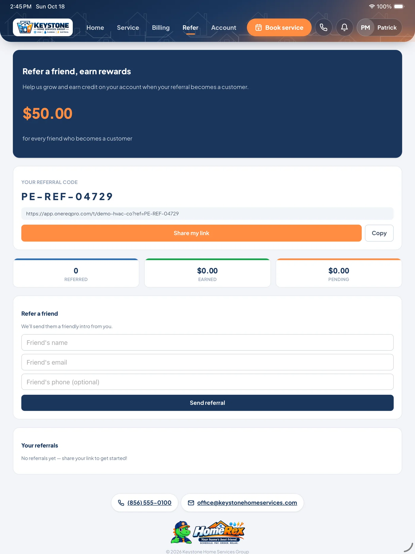 HomeRex refer-a-friend screen with referral code and reward credit