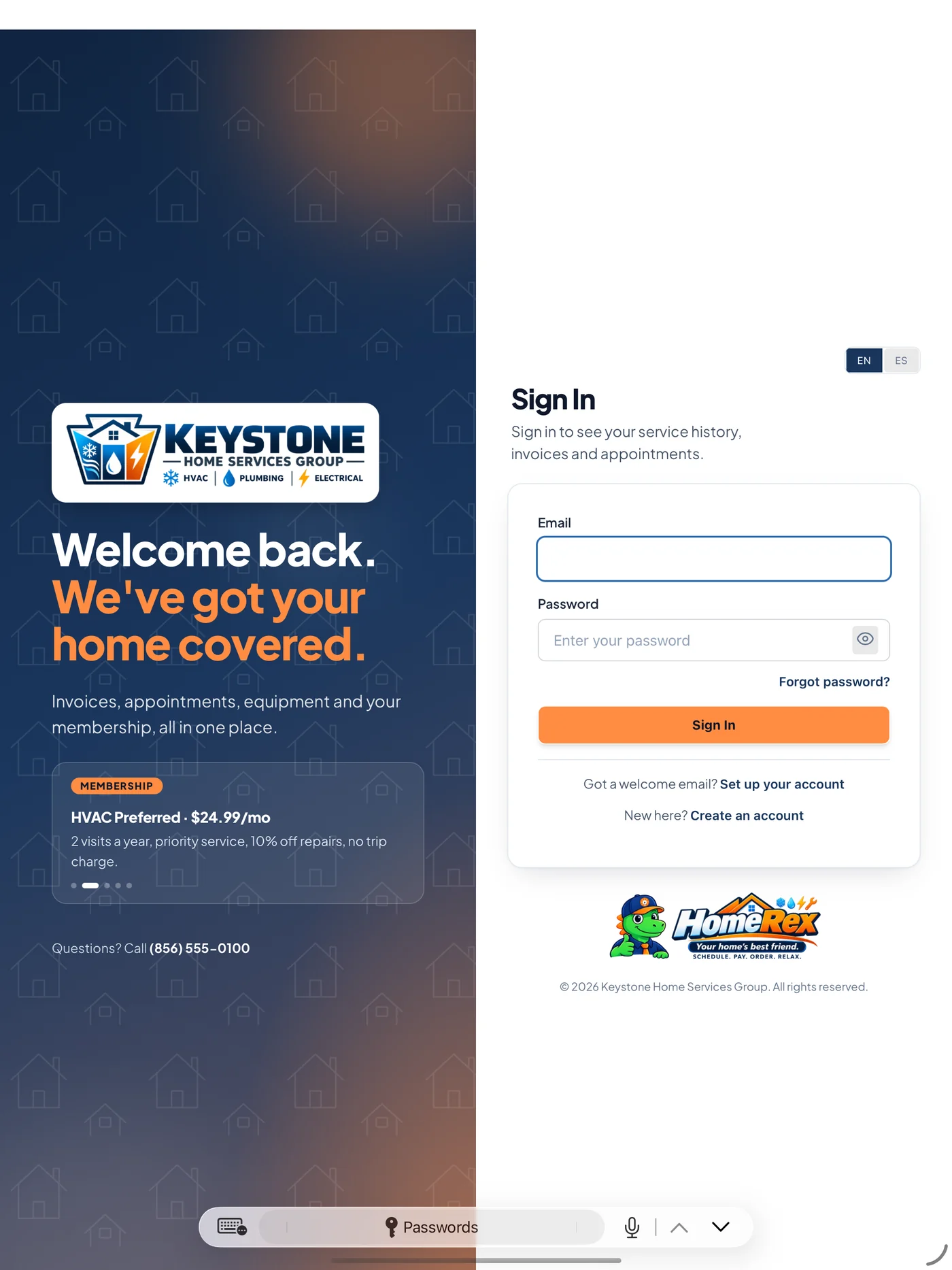 HomeRex sign-in screen carrying the contractor’s own logo and colors