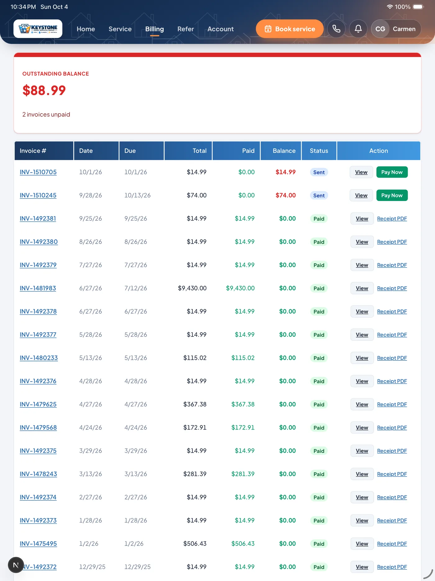 Homigo billing screen: outstanding balance, invoice list and Pay Now