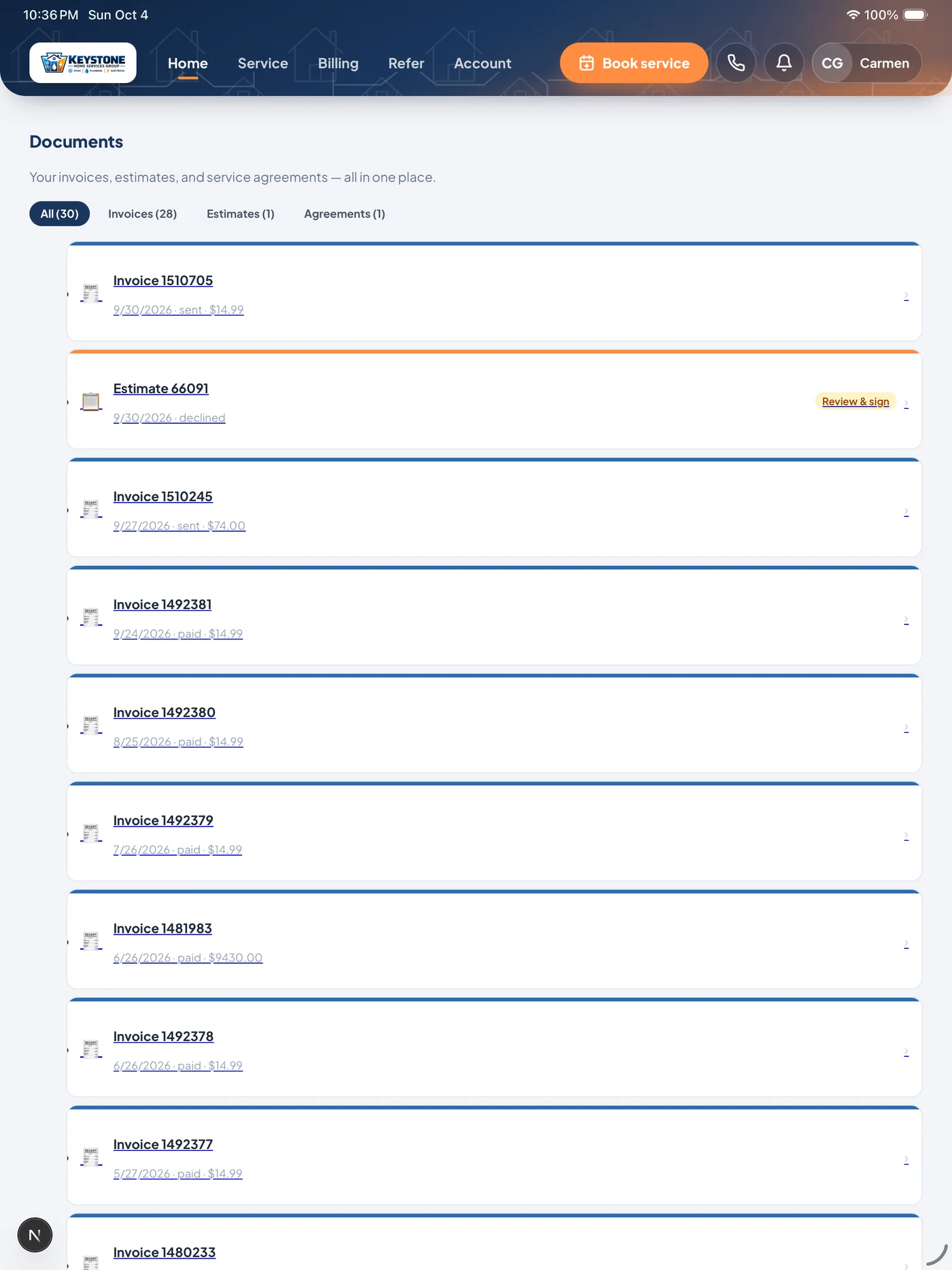 Homigo documents screen with invoices, estimates and agreements in one list