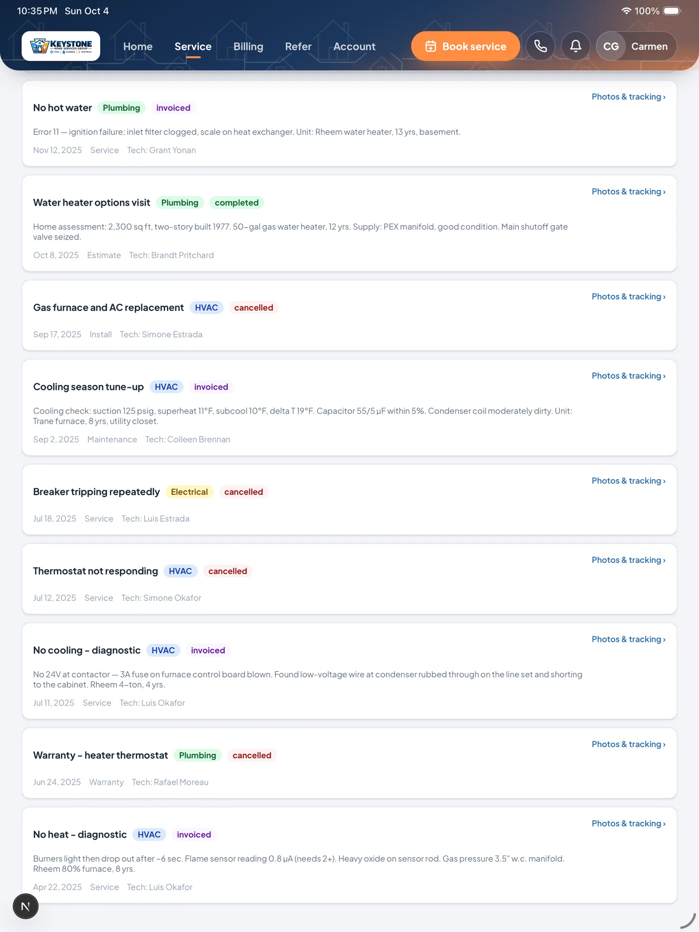 Homigo service history listing past jobs with photos
