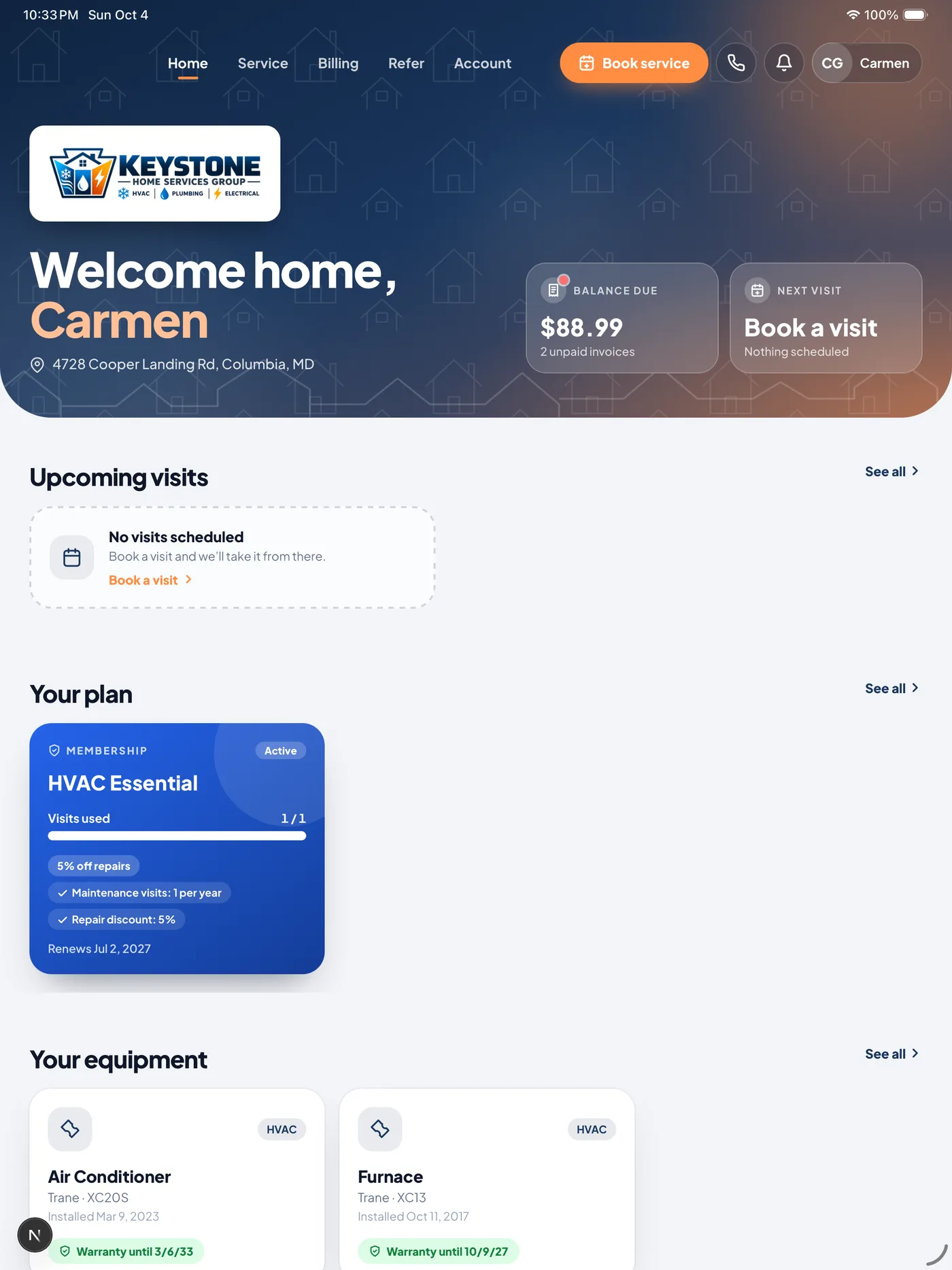 Homigo home screen: balance due, next visit and upcoming visits