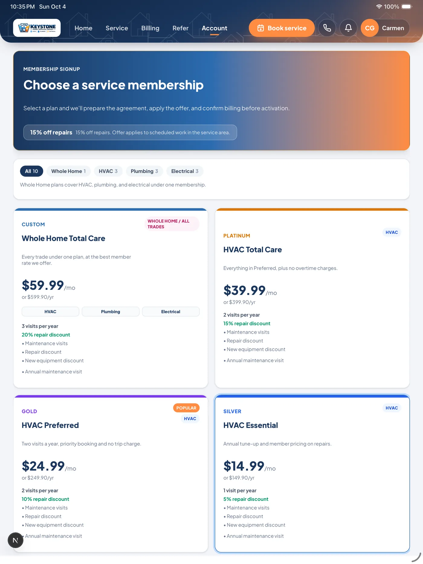 Homigo membership plans with monthly and paid-in-full pricing