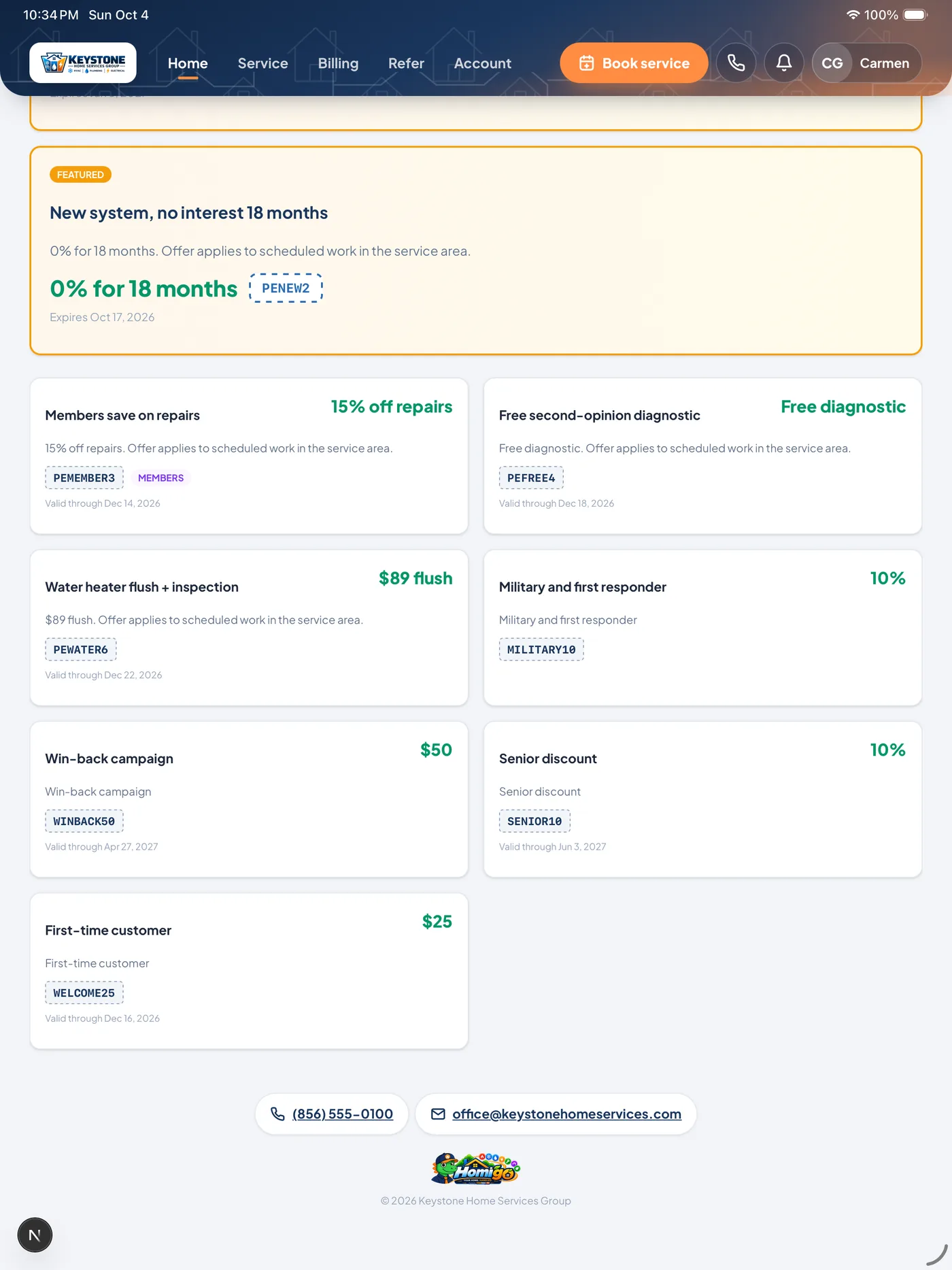 Homigo offers screen listing the contractor’s live promotions