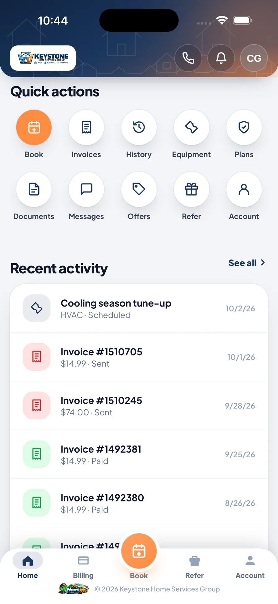 Homigo quick actions grid and recent activity feed