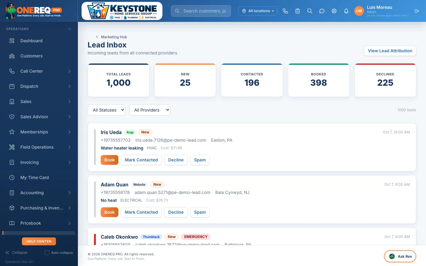 Lead Inbox showing 1,000 total leads from connected providers, each tagged with source, trade and booking status